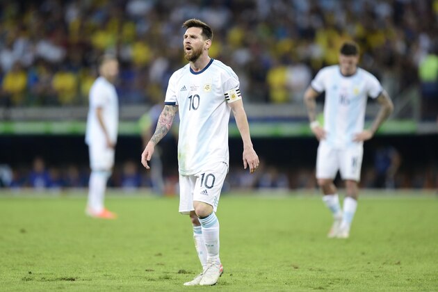 BELO HORIZONTE, BRAZIL - JULY 02: Lionel Messi of Argentina reacts during the Copa America Brazil 2019 Semi Final match between Brazil and Argentina at Mineirao Stadium on July 02, 2019 in Belo Horizonte, Brazil. (Photo by Juliana Flister/Getty Images)