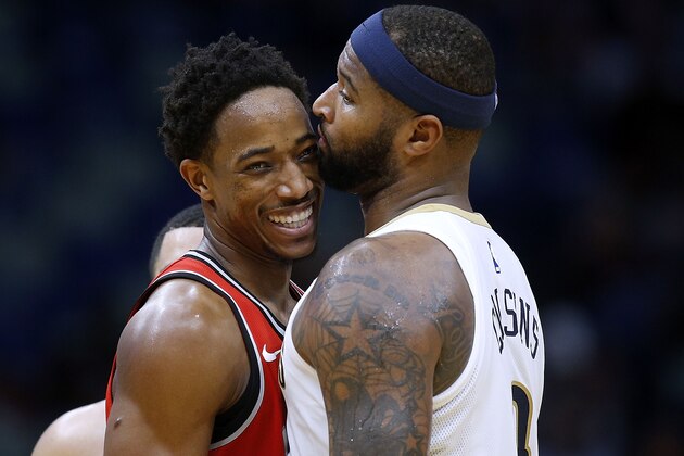 NEW ORLEANS, LA - NOVEMBER 15: DeMarcus Cousins #0 of the New Orleans Pelicans and DeMar DeRozan #10 of the Toronto Raptors react during the second half of a game at the Smoothie King Center on November 15, 2017 in New Orleans, Louisiana. NOTE TO USER: User expressly acknowledges and agrees that, by downloading and or using this Photograph, user is consenting to the terms and conditions of the Getty Images License Agreement.  (Photo by Jonathan Bachman/Getty Images)