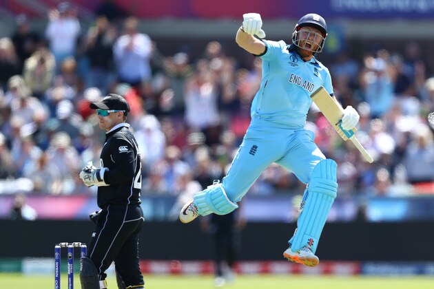 CHESTER-LE-STREET, ENGLAND - JULY 03: Jonny Bairstow of England celebrates reaching his century during the Group Stage match of the ICC Cricket World Cup 2019 between England and New Zealand at Emirates Riverside on July 03, 2019 in Chester-le-Street, England (Photo by Michael Steele/Getty Images)