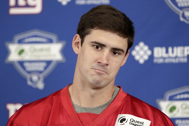Daniel Jones, the New York Giants No. 6 overall draft pick, talks to reporters during NFL football rookie camp, Friday, May 3, 2019, in East Rutherford, N.J. (AP Photo/Julio Cortez)