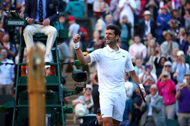 LONDON, ENGLAND - JULY 03:  Novak Djokovic of Serbia celebrates victory after his Men's Singles second round match against Denis Kudla of the United States during Day three of The Championships - Wimbledon 2019 at All England Lawn Tennis and Croquet Club on July 03, 2019 in London, England. (Photo by Clive Brunskill/Getty Images)