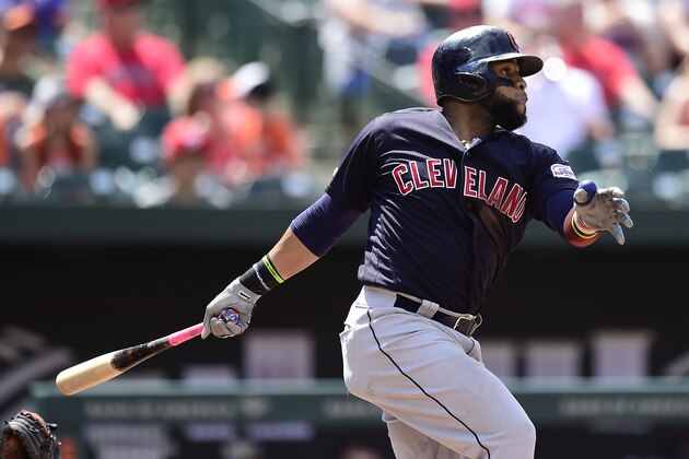 BALTIMORE, MD - JUNE 30: Carlos Santana #41 of the Cleveland Indians hits an RBI single scoring Oscar Mercado #35 (not pictured) in the seventh inning against the Baltimore Orioles at Oriole Park at Camden Yards on June 30, 2019 in Baltimore, Maryland. (Photo by Patrick McDermott/Getty Images)