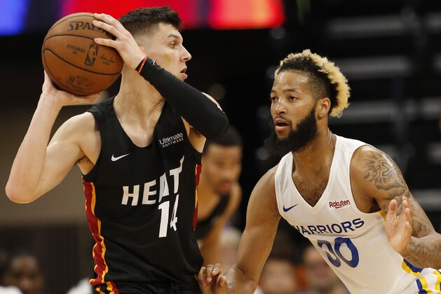 Miami Heat guard Tyler Herro, left, looks to pass against Golden State Warriors guard Ky Bowman during the second half of an NBA basketball summer league game in Sacramento, Calif., Wednesday, July 3, 2019. The Heat won 73-65. (AP Photo/Rich Pedroncelli)