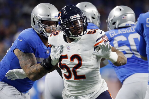 FILE - In this Nov. 22, 2018, file photo, Chicago Bears outside linebacker Khalil Mack (52) rushes against the Detroit Lions during the first half of an NFL football game in Detroit. Want to get the New York Giants’ attention this week. Just mention Mack. He has been a force in his first year with the Bears (8-3) and is expected to be a major obstacle for the Giants (3-8) Sunday.  (AP Photo/Paul Sancya, File)