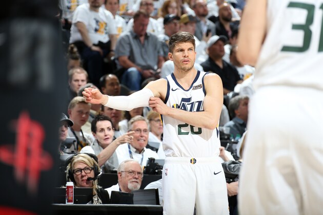 SALT LAKE CITY, UT - APRIL 22: Kyle Korver #26 of the Utah Jazz looks on against the Houston Rockets during Game Four of Round One of the 2019 NBA Playoffs on April 22, 2019 at vivint.SmartHome Arena in Salt Lake City, Utah. NOTE TO USER: User expressly acknowledges and agrees that, by downloading and/or using this photograph, user is consenting to the terms and conditions of the Getty Images License Agreement. Mandatory Copyright Notice: Copyright 2019 NBAE (Photo by Melissa Majchrzak/NBAE via Getty Images)