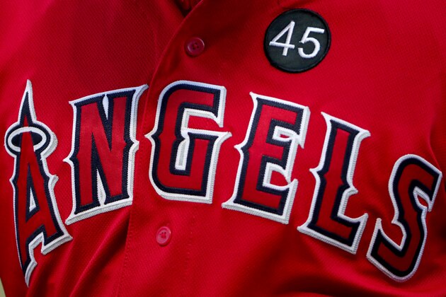 ARLINGTON, TEXAS - JULY 02: A view of a Los Angeles Angels jersey with a patch to honor Tyler Skaggs #45 of the Los Angeles Angels at Globe Life Park in Arlington on July 02, 2019 in Arlington, Texas. (Photo by Tom Pennington/Getty Images)