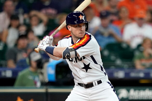 Houston Astros' Alex Bregman bats against the Seattle Mariners during the first inning of a baseball game Friday, June 28, 2019, in Houston. (AP Photo/David J. Phillip)