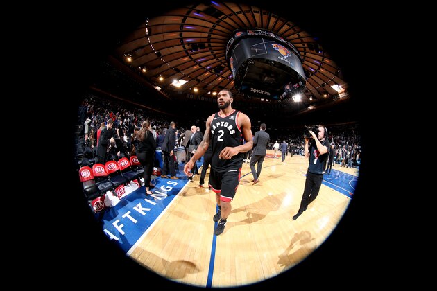 NEW YORK, NY FEBRUARY 9:  Kawhi Leonard #2 of the Toronto Raptors exits the arena after the game against the New York Knicks on February 9, 2019 at Madison Square Garden in New York City, New York.  NOTE TO USER: User expressly acknowledges and agrees that, by downloading and or using this photograph, User is consenting to the terms and conditions of the Getty Images License Agreement. Mandatory Copyright Notice: Copyright 2019 NBAE  (Photo by Nathaniel S. Butler/NBAE via Getty Images)