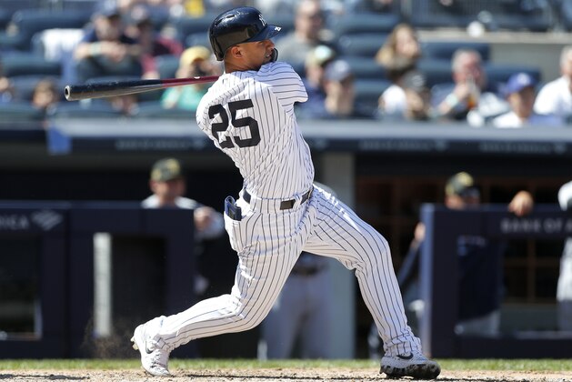 New York Yankees' Gleyber Torres follows through on a single in the sixth inning a baseball game against the Tampa Bay Rays, Saturday, May 18, 2019, in New York. (AP Photo/Jim McIsaac)