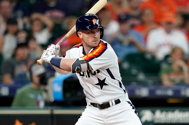 Houston Astros' Alex Bregman bats against the Seattle Mariners during the first inning of a baseball game Friday, June 28, 2019, in Houston. (AP Photo/David J. Phillip)