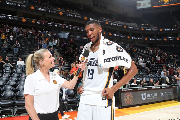 SALT LAKE CITY, UT - JULY 2:  Tony Bradley #13 of the Utah Jazz speaks with the media after the game against the Cleveland Cavaliers on July 2, 2019 at vivint.SmartHome Arena in Salt Lake City, Utah. NOTE TO USER: User expressly acknowledges and agrees that, by downloading and/or using this photograph, user is consenting to the terms and conditions of the Getty Images License Agreement. Mandatory Copyright Notice: Copyright 2019 NBAE (Photo by Melissa Majchrzak/NBAE via Getty Images)