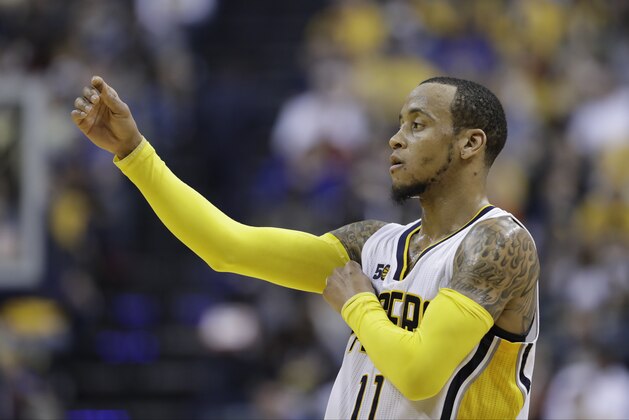 Indiana Pacers' Monta Ellis in action during the second half of an NBA basketball game against the Atlanta Hawks, Wednesday, April 12, 2017, in Indianapolis. Indiana defeated Atlanta 104-86. (AP Photo/Darron Cummings)