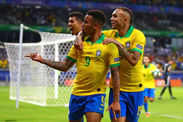 BELO HORIZONTE, BRAZIL - JULY 02: Gabriel Jesus of Brazil celebrates scoring the opening goal  during the Copa America Brazil 2019 Semi Final match between Brazil and Argentina at Mineirao Stadium on July 02, 2019 in Belo Horizonte, Brazil. (Photo by Chris Brunskill/Fantasista/Getty Images)