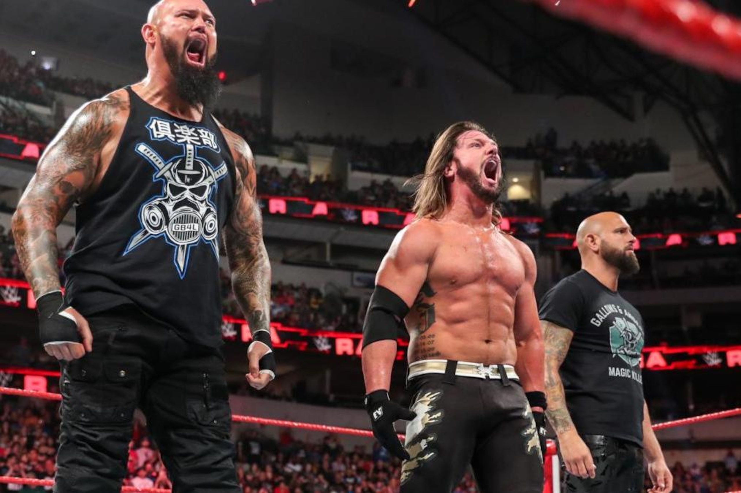 Luke Gallows, AJ Styles and Karl Anderson on Raw. Luke Gallows, AJ Styles and Karl Anderson on Raw.