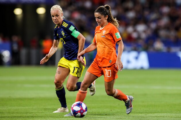 LYON, FRANCE - JULY 03: #10 Danielle Van De Donk of Netherlands controls the ball during the 2019 FIFA Women's World Cup France Semi Final match between Netherlands and Sweden at Stade de Lyon on July 03, 2019 in Lyon, France. (Photo by Zhizhao Wu/Getty Images)