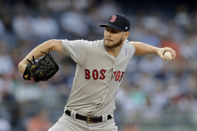 Boston Red Sox starting pitcher Chris Sale throws a pitch to New York Yankees' DJ LeMahieu during the first inning of a baseball game, Friday, May 31, 2019, in New York. (AP Photo/Julio Cortez)