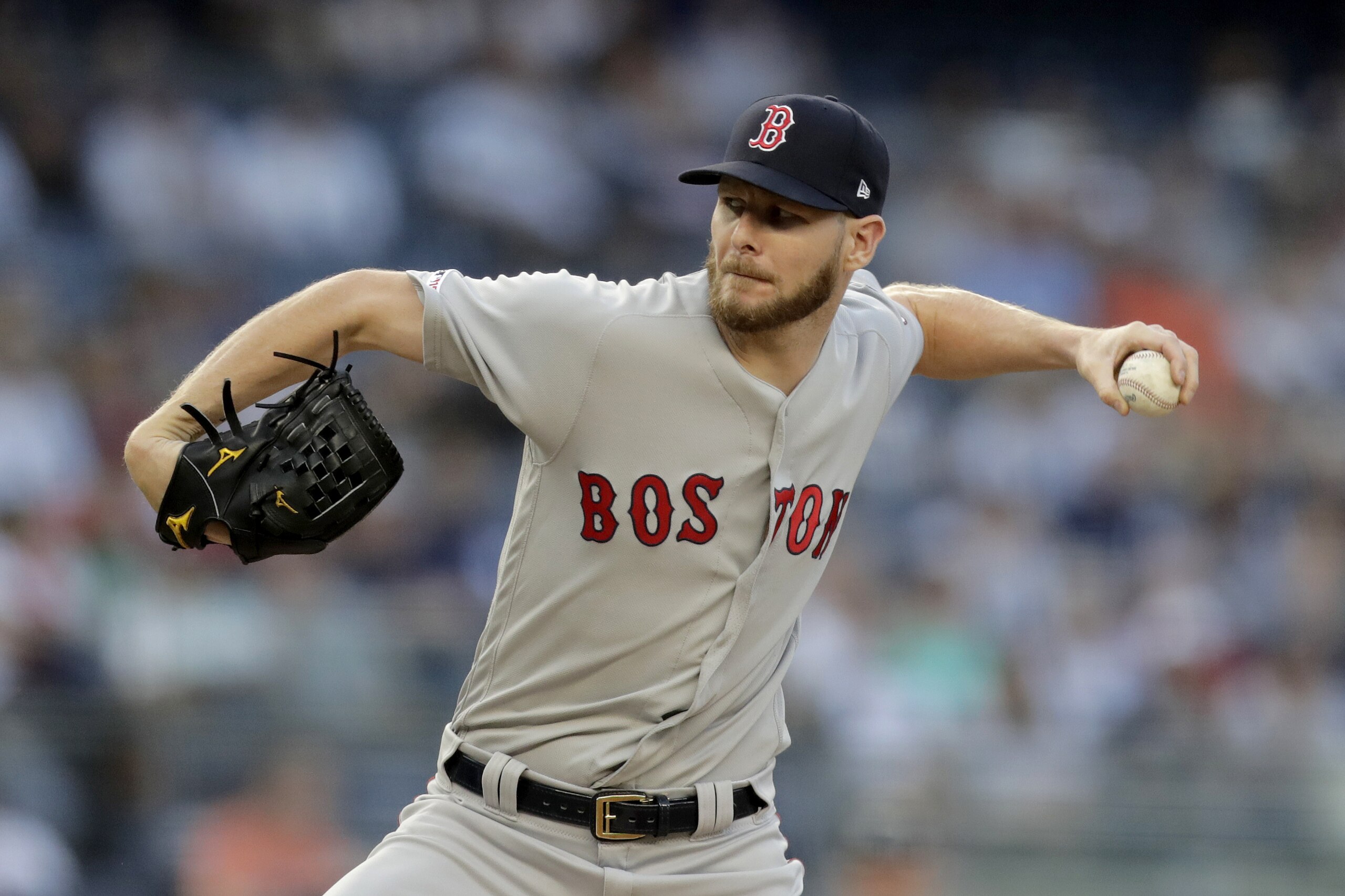 Boston Red Sox starting pitcher Chris Sale throws a pitch to New York Yankees' DJ LeMahieu during the first inning of a baseball game, Friday, May 31, 2019, in New York. (AP Photo/Julio Cortez)