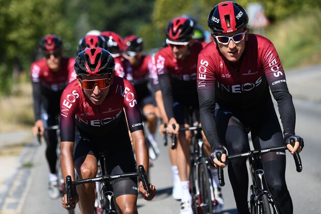 Team Ineos riders, Great Britain's Geraint Thomas (R) and Colombia's Egan Bernal ride side-by-side during a training session near Overijse on July 4, 2019, two days prior to the start of the 106th edition of the Tour de France cycling race. - On Saturday, July 6, the 106th edition of the Tour de France will start with a 194.5km stage in the region of Brussels, 100 years after the introduction of the yellow jersey and 50 years after Belgian legend Eddy Merckx won his first Tour. (Photo by Anne-Christine POUJOULAT / AFP)        (Photo credit should read ANNE-CHRISTINE POUJOULAT/AFP/Getty Images)