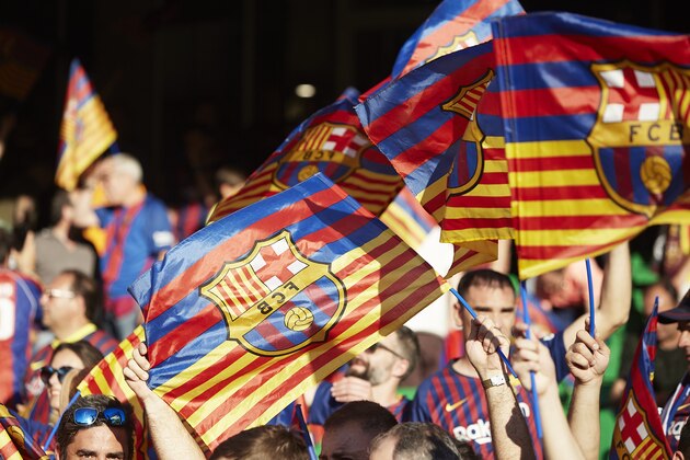 SEVILLE, SPAIN - MAY 25: Fans of Barcelona show suport prior to the Spanish Copa del Rey Final match between Barcelona and Valencia at Estadio Benito Villamarin on May 25, 2019 in Seville, . (Photo by Quality Sport Images/Getty Images)