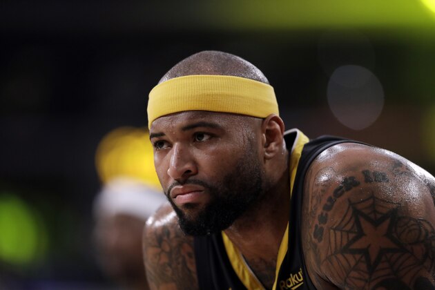 Golden State Warriors' DeMarcus Cousins during the first half of an NBA basketball game against the Los Angeles Lakers Thursday, April 4, 2019, in Los Angeles. (AP Photo/Marcio Jose Sanchez)