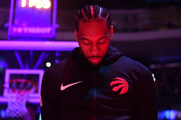 PHILADELPHIA, PA - MAY 9: Kawhi Leonard #2 of the Toronto Raptors stands for the National Anthem prior to a game against the Philadelphia 76ers before Game Six of the Eastern Conference Semifinals on May 9, 2019 at the Wells Fargo Center in Philadelphia, Pennsylvania NOTE TO USER: User expressly acknowledges and agrees that, by downloading and/or using this Photograph, user is consenting to the terms and conditions of the Getty Images License Agreement. Mandatory Copyright Notice: Copyright 2019 NBAE (Photo by Jesse D. Garrabrant/NBAE via Getty Images)