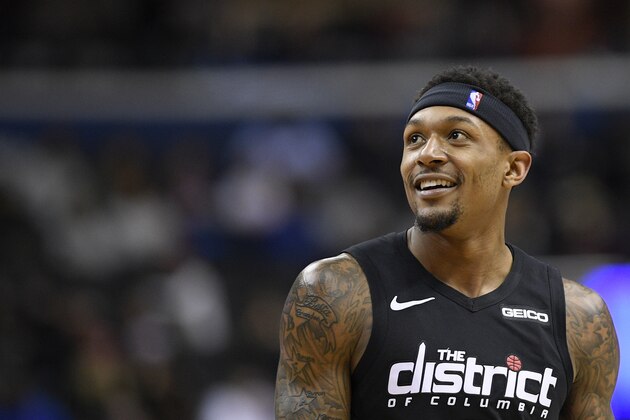 Washington Wizards guard Bradley Beal (3) reacts during the second half of an NBA basketball game against the Memphis Grizzlies, Saturday, March 16, 2019, in Washington. The Wizards won 135-128. (AP Photo/Nick Wass)