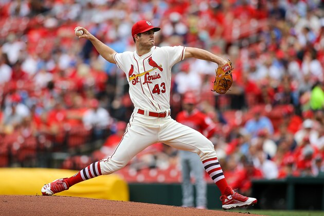 ST. LOUIS, MO - JUNE 22: Starter Dakota Hudson #43 of the St. Louis Cardinals delivers during the first inning against the Los Angeles Angels of Anaheim at Busch Stadium on June 22, 2019 in St. Louis, Missouri. (Photo by Scott Kane/Getty Images)