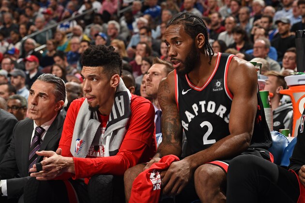 PHILADELPHIA, PA - FEBRUARY 5: Danny Green #14 and Kawhi Leonard #2 of the Toronto Raptors look on during the game against the Philadelphia 76ers on February 5, 2019 at the Wells Fargo Center in Philadelphia, Pennsylvania. NOTE TO USER: User expressly acknowledges and agrees that, by downloading and/or using this photograph, user is consenting to the terms and conditions of the Getty Images License Agreement. Mandatory Copyright Notice: Copyright 2019 NBAE (Photo by David Dow/NBAE via Getty Images)