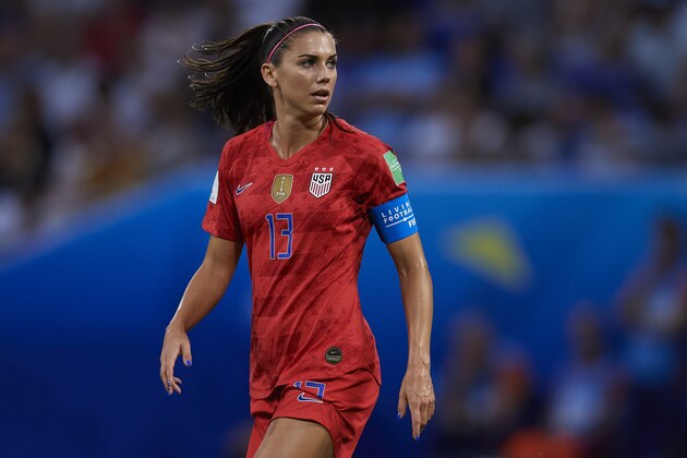 LYON, FRANCE - JULY 02: Alex Morgan of USA looks on during the 2019 FIFA Women's World Cup France Semi Final match between England and USA at Stade de Lyon on July 02, 2019 in Lyon, France. (Photo by Quality Sport Images/Getty Images)