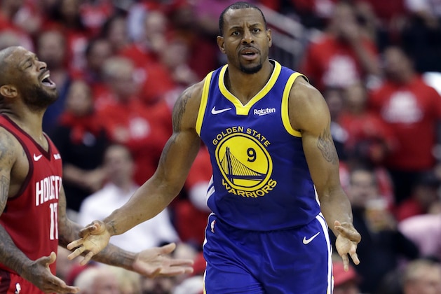 Golden State Warriors guard Andre Iguodala celebrates after a score against the Houston Rockets during the second half in Game 6 of a second-round NBA basketball playoff series Friday, May 10, 2019, in Houston. Golden State won 118-113, winning the series. (AP Photo/Eric Gay)