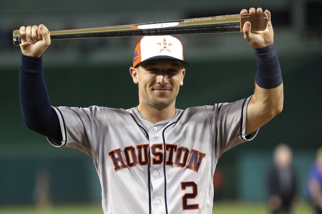 WASHINGTON, DC - JULY 17:  Alex Bregman #2 of the Houston Astros and the American League poses with the MVP trophy after defeating the National League during the 89th MLB All-Star Game, presented by Mastercard at Nationals Park on July 17, 2018 in Washington, DC. The American League defeated the National League 8-6.  (Photo by Patrick Smith/Getty Images)
