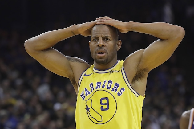 Golden State Warriors guard Andre Iguodala (9) against the Phoenix Suns during an NBA basketball game in Oakland, Calif., Sunday, March 10, 2019. (AP Photo/Jeff Chiu)