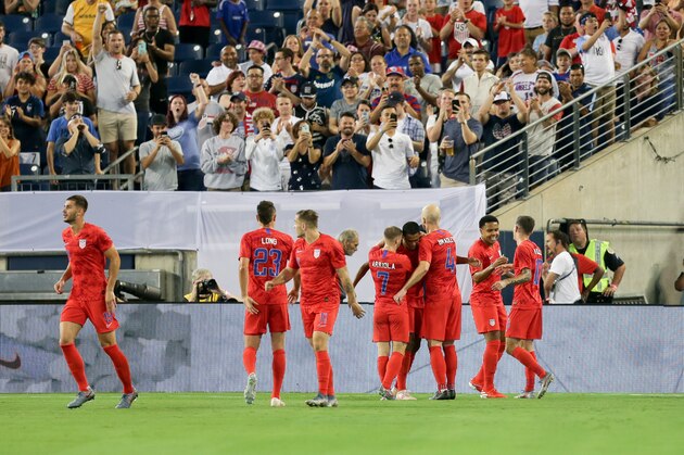 NASHVILLE, TN - JULY 03: Weston McKennie #8 of the United States celebrates scoring with teammates during the 2019 CONCACAF Gold Cup Semifinal match between the United States and Jamaica at Nissan Stadium on July 03, 2019 in Nashville, Tennessee. (Photo by John Dorton/isiphotos.com/Getty Images)