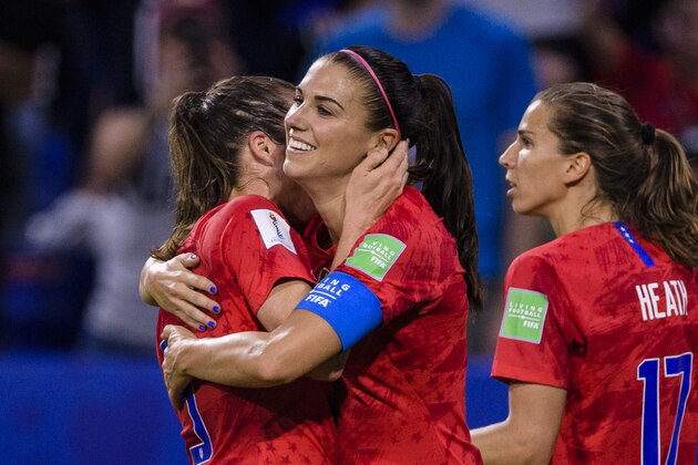 LYON, FRANCE - JULY 02: Alex Morgan of United States celebrates her goal during the 2019 FIFA Women's World Cup France Semi Final match between England and USA at Stade de Lyon on July 2, 2019 in Lyon, France. (Photo by Marcio Machado/Getty Images)