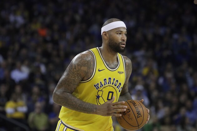 Golden State Warriors center DeMarcus Cousins (0) against the Denver Nuggets during an NBA basketball game in Oakland, Calif., Tuesday, April 2, 2019. (AP Photo/Jeff Chiu)