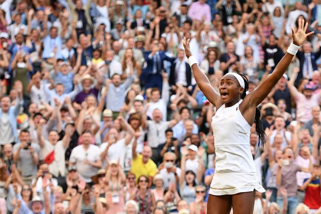 US player Cori Gauff celebrates beating Slovenia's Polona Hercog during their women's singles third round match on the fifth day of the 2019 Wimbledon Championships at The All England Lawn Tennis Club in Wimbledon, southwest London, on July 5, 2019. (Photo by Daniel LEAL-OLIVAS / AFP) / RESTRICTED TO EDITORIAL USE        (Photo credit should read DANIEL LEAL-OLIVAS/AFP/Getty Images)