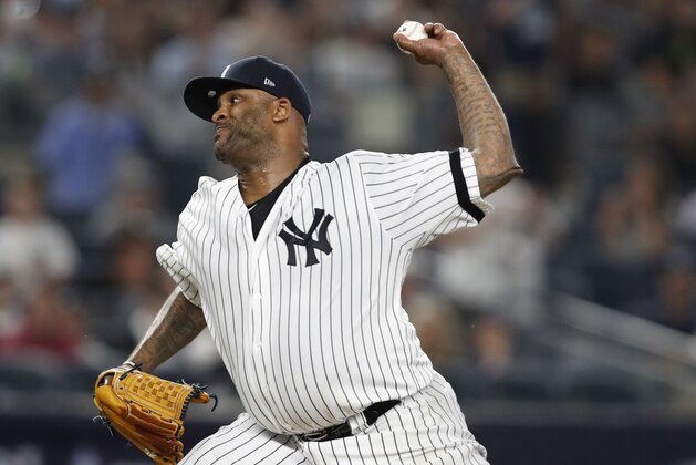New York Yankees starting pitcher CC Sabathia winds up during the sixth inning of a baseball game against the Toronto Blue Jays, Monday, June 24, 2019, in New York. (AP Photo/Kathy Willens)