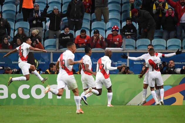 PORTO ALEGRE, BRAZIL - JULY 03: Jose Guerrero of Peru celebrates Peru's third goal with his team mates during the Copa America Brazil 2019 Semi Final match between Chile and Peru at Arena do Gremio on July 3, 2019 in Porto Alegre, Brazil.  (Photo by Kaz Photography/Getty Images)