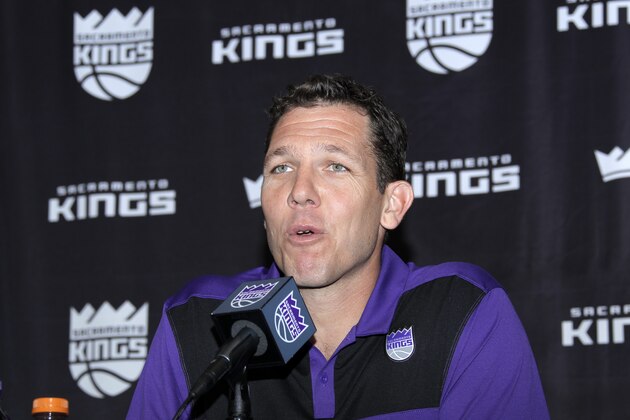 SACRAMENTO, CA - APRIL 15 : Vlade Divac introduces Luke Walton as the new Head Coach of the Sacramento Kings at a press conference on April 15, 2019 at the Golden 1 Center in Sacramento, California. NOTE TO USER: User expressly acknowledges and agrees that, by downloading and/or using this Photograph, user is consenting to the terms and conditions of the Getty Images License Agreement. Mandatory Copyright Notice: Copyright 2019 NBAE (Photo by Rocky Widner/NBAE via Getty Images)