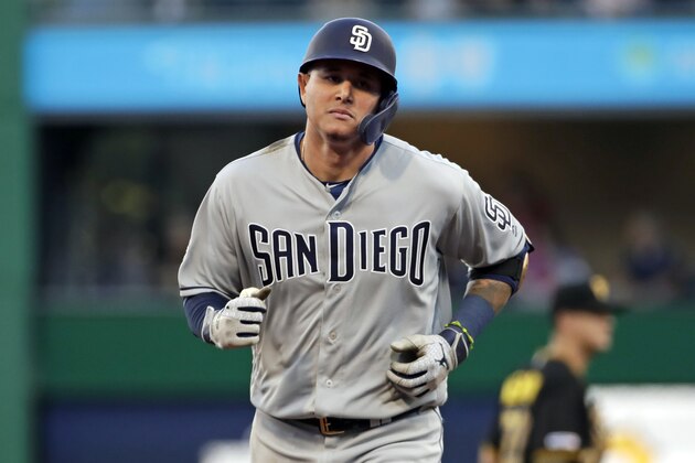 San Diego Padres' Manny Machado rounds third base after hitting a solo home run off Pittsburgh Pirates starting pitcher Joe Musgrove during the fourth inning of the team's baseball game in Pittsburgh, Friday, June 21, 2019. (AP Photo/Gene J. Puskar)