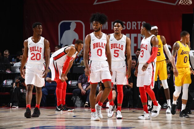 Las Vegas, NV - JULY 5: The Chicago Bulls return to the court during the game against the Los Angeles Lakers during Day 1 of the 2019 Las Vegas Summer League on July 5, 2019 at the Thomas & Mack Center in Las Vegas, Nevada. NOTE TO USER: User expressly acknowledges and agrees that, by downloading and or using this Photograph, user is consenting to the terms and conditions of the Getty Images License Agreement. Mandatory Copyright Notice: Copyright 2019 NBAE (Photo by Bart Young/NBAE via Getty Images)