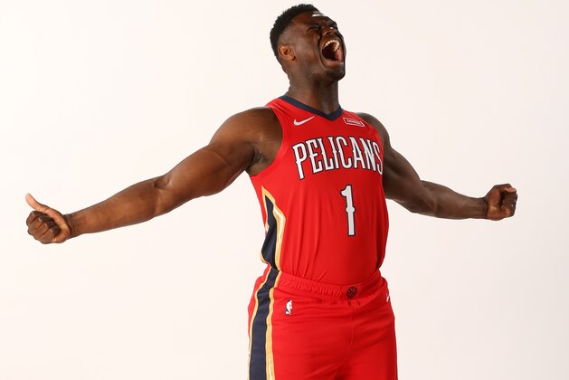 NEW ORLEANS, LA - JUNE 21: Zion Williamson #1 of the New Orleans Pelicans poses for a portrait on June 21, 2019 at the Ochsner Sports Performance Center in New Orleans, Louisiana. NOTE TO USER: User expressly acknowledges and agrees that, by downloading and or using this Photograph, user is consenting to the terms and conditions of the Getty Images License Agreement. Mandatory Copyright Notice: Copyright 2019 NBAE (Photo by Layne Murdoch/NBAE via Getty Images