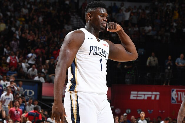 Las Vegas, NV - JULY 5: Zion Williamson #1 of the New Orleans Pelicans taunts during the game against the New York Knicks during Day 1 of the 2019 Las Vegas Summer League on July 5, 2019 at the Thomas & Mack Center in Las Vegas, Nevada. NOTE TO USER: User expressly acknowledges and agrees that, by downloading and or using this Photograph, user is consenting to the terms and conditions of the Getty Images License Agreement. Mandatory Copyright Notice: Copyright 2019 NBAE (Photo by Garrett Ellwood/NBAE via Getty Images)