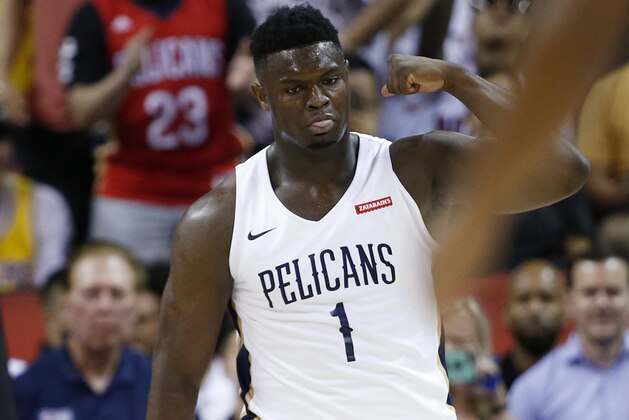 New Orleans Pelicans' Zion Williamson (1) reacts during the team's NBA summer league basketball game against the New York Knicks on Friday, July 5, 2019, in Las Vegas. (AP Photo/Steve Marcus)
