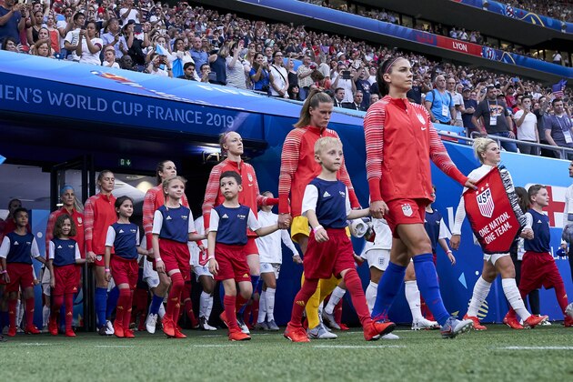 LYON, FRANCE - JULY 02: England Team and USA Team exit to the field prior starting the game during the 2019 FIFA Women's World Cup France Semi Final match between England and USA at Stade de Lyon on July 02, 2019 in Lyon, France. (Photo by Quality Sport Images/Getty Images)