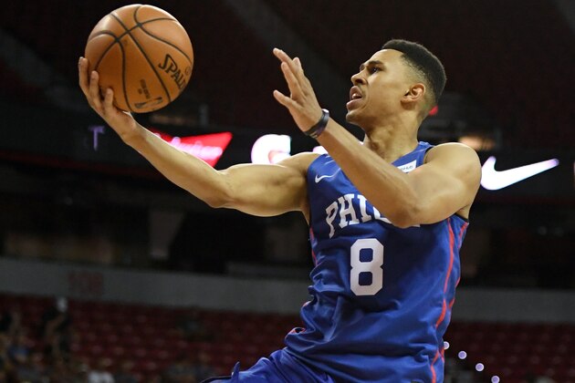 LAS VEGAS, NEVADA - JULY 05:  Zhaire Smith #8 of the Philadelphia 76ers drives to the basket against the Milwaukee Bucks during the 2019 NBA Summer League at the Thomas & Mack Center on July 5, 2019 in Las Vegas, Nevada. The 76ers defeated the Bucks 107-106. NOTE TO USER: User expressly acknowledges and agrees that, by downloading and or using this photograph, User is consenting to the terms and conditions of the Getty Images License Agreement.  (Photo by Ethan Miller/Getty Images)