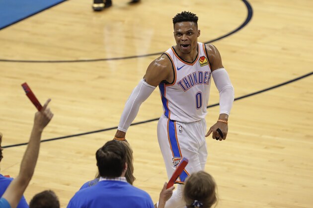 Oklahoma City Thunder guard Russell Westbrook (0) celebrates after scoring against the Portland Trail Blazers in the first half of Game 4 of an NBA basketball first-round playoff series Sunday, April 21, 2019, in Oklahoma City. (AP Photo/Alonzo Adams)