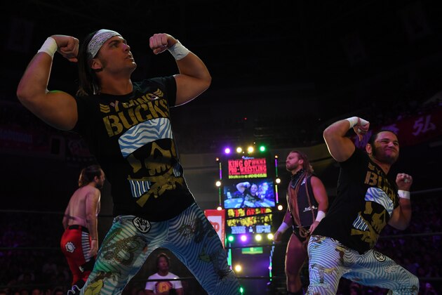 TOKYO, JAPAN - OCTOBER 08: Chase Owens, Hangman Page, Nick Jackson and Matt Jackson seen prior to the 8-man match during the King of Pro-Wresting at Ryogoku Kokugikan on October 8, 2018 in Tokyo, Japan. (Photo by Etsuo Hara/Getty Images)