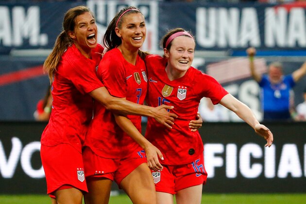 ST LOUIS, MO - MAY 16: Tobin Heath #17, Alex Morgan #13 and Rose Lavelle #16 celebrates after Lavelle scored a goal against New Zealand at Busch Stadium on May 16, 2019 in St Louis, Missouri. (Photo by Dilip Vishwanat/Getty Images)