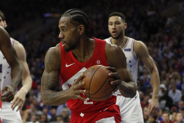 Toronto Raptors' Kawhi Leonard in action during the first half of Game 6 of a second-round NBA basketball playoff series against the Philadelphia 76ers, Thursday, May 9, 2019, in Philadelphia. 76ers won 112-101. (AP Photo/Chris Szagola)